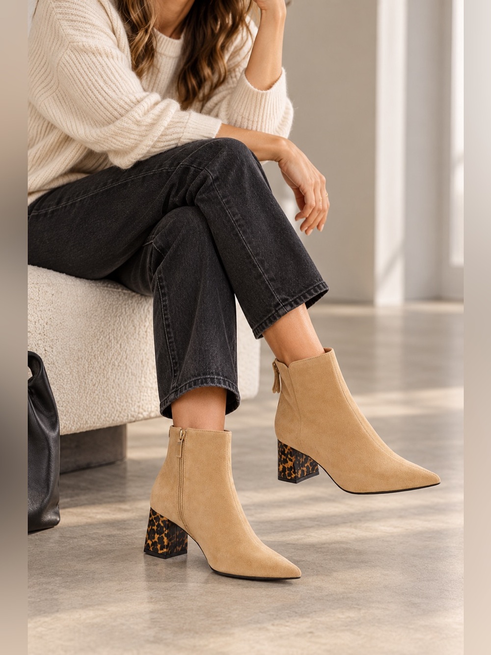 AGL Nora Tan Camel Suede Pointed Toe Ankle Bootie Tortoise Heel $495 Size 8.5